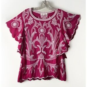 Solitaire Top M Pink Embrodiery Front Back Ruffle Sleeve Scalloped Hem Medium